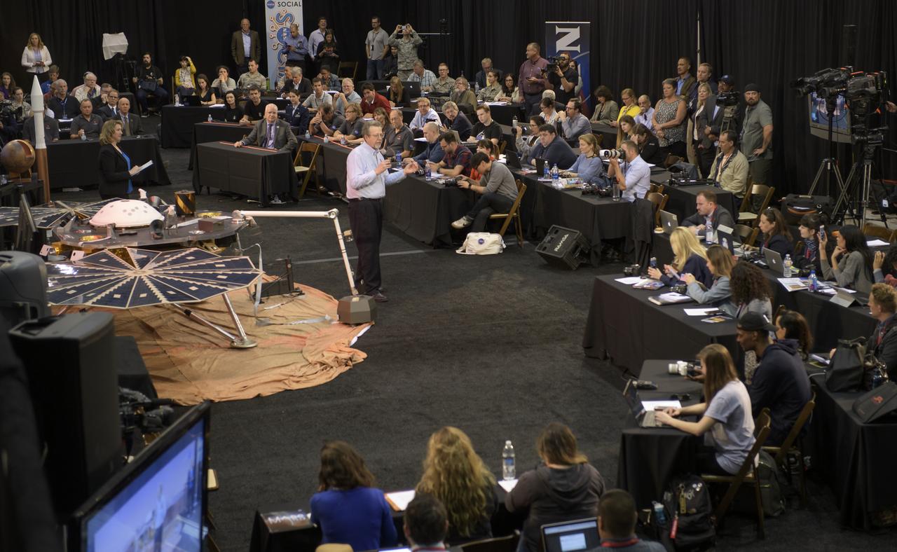 NASA Chief Scientist Jim Green discusses NASA's InSight mission during a prelaunch media briefing, Thursday, May 3, 2018, at Vandenberg Air Force Base in California. InSight, short for Interior Exploration using Seismic Investigations, Geodesy and Heat Transport, is a Mars lander designed to study the "inner space" of Mars: its crust, mantle, and core. Photo Credit: (NASA/Bill Ingalls)