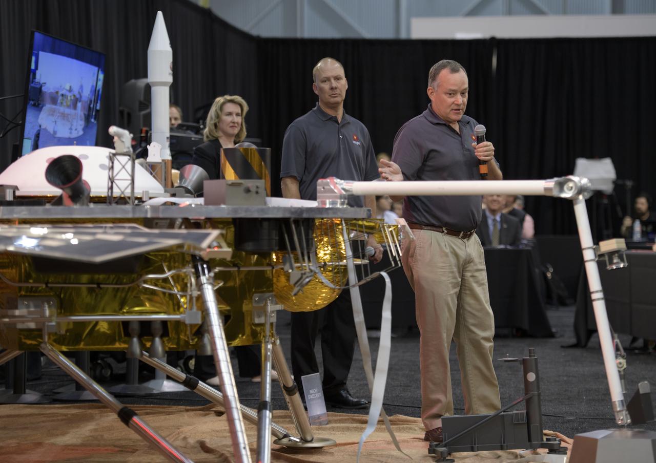 Tom Hoffman, InSight project manager, NASA JPL, right, discusses NASA's InSight mission during a prelaunch media briefing, Thursday, May 3, 2018, at Vandenberg Air Force Base in California. InSight, short for Interior Exploration using Seismic Investigations, Geodesy and Heat Transport, is a Mars lander designed to study the "inner space" of Mars: its crust, mantle, and core. Photo Credit: (NASA/Bill Ingalls)