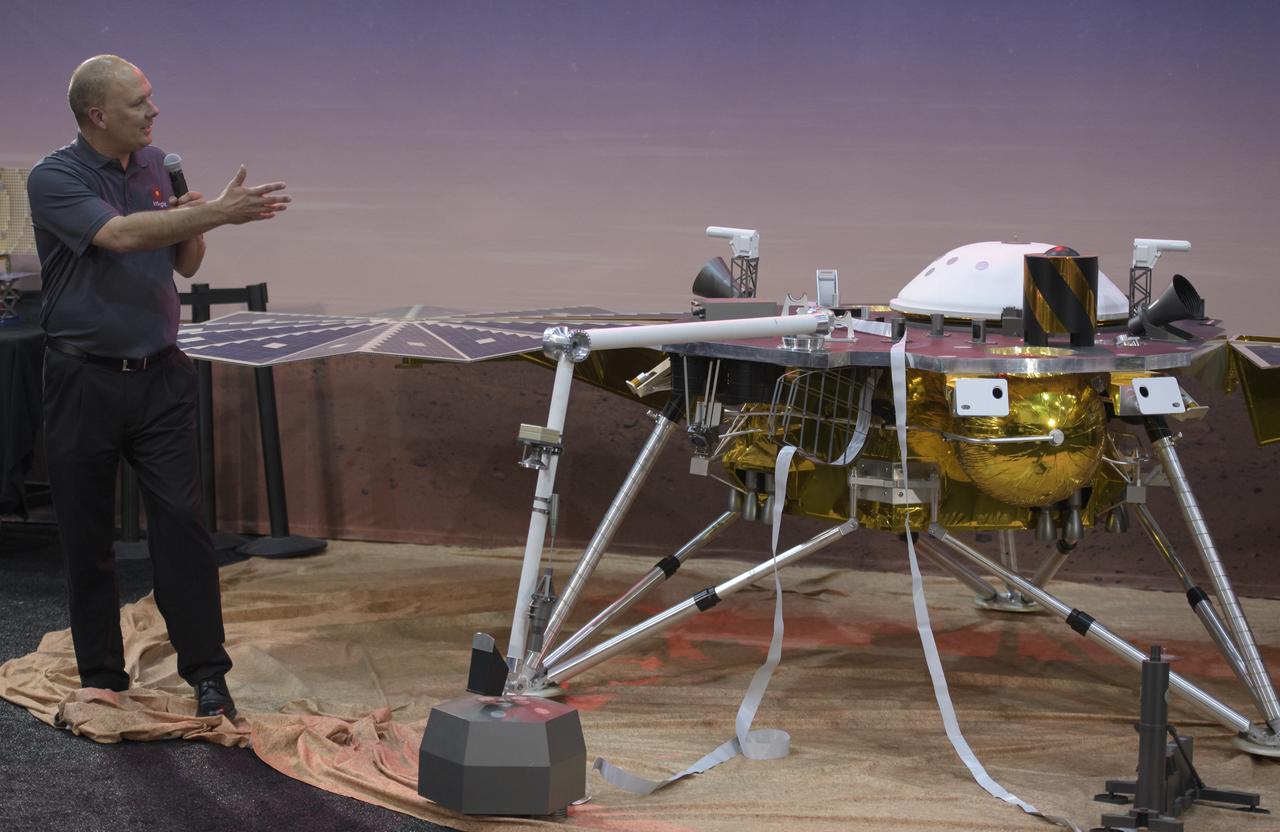 Stu Spath, InSight program manager, Lockheed Martin Space, discusses NASA's InSight mission during a prelaunch media briefing, Thursday, May 3, 2018, at Vandenberg Air Force Base in California. InSight, short for Interior Exploration using Seismic Investigations, Geodesy and Heat Transport, is a Mars lander designed to study the "inner space" of Mars: its crust, mantle, and core. Photo Credit: (NASA/Bill Ingalls)