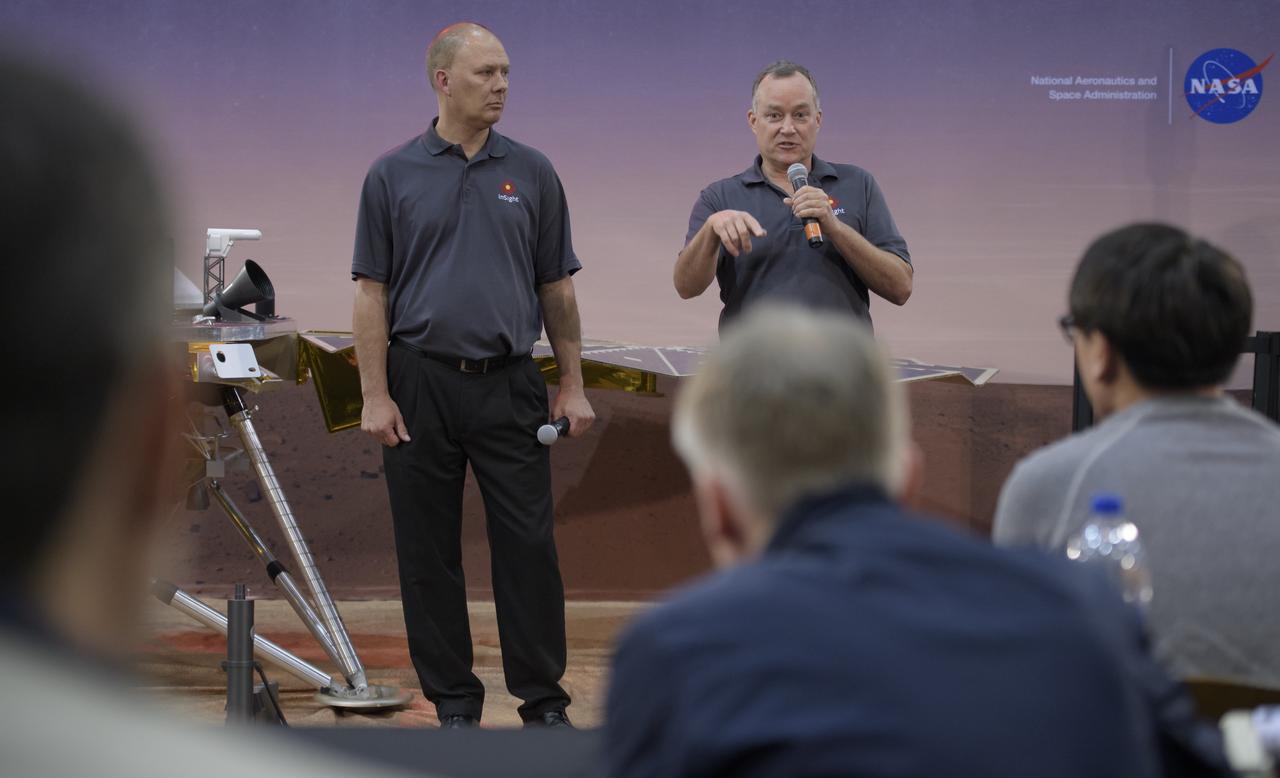 Stu Spath, InSight program manager, Lockheed Martin Space, left, and Tom Hoffman, InSight project manager, NASA JPL, discuss NASA's InSight mission during a prelaunch media briefing, Thursday, May 3, 2018, at Vandenberg Air Force Base in California. InSight, short for Interior Exploration using Seismic Investigations, Geodesy and Heat Transport, is a Mars lander designed to study the "inner space" of Mars: its crust, mantle, and core. Photo Credit: (NASA/Bill Ingalls)