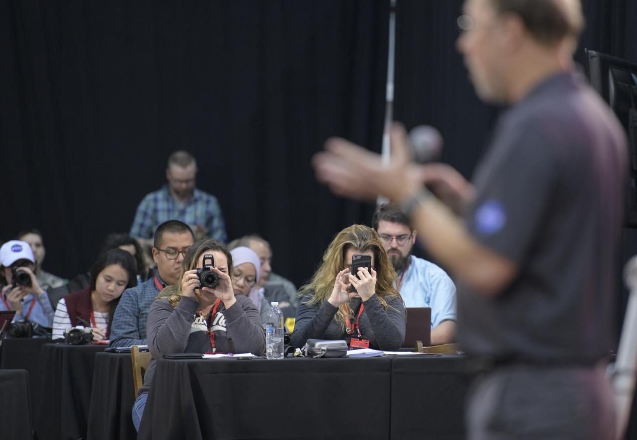 Social media guest listen as Bruce Banerdt, InSight principal investigator, NASA JPL, discusses NASA's InSight mission during a prelaunch media briefing, Thursday, May 3, 2018, at Vandenberg Air Force Base in California. InSight, short for Interior Exploration using Seismic Investigations, Geodesy and Heat Transport, is a Mars lander designed to study the "inner space" of Mars: its crust, mantle, and core. Photo Credit: (NASA/Bill Ingalls)