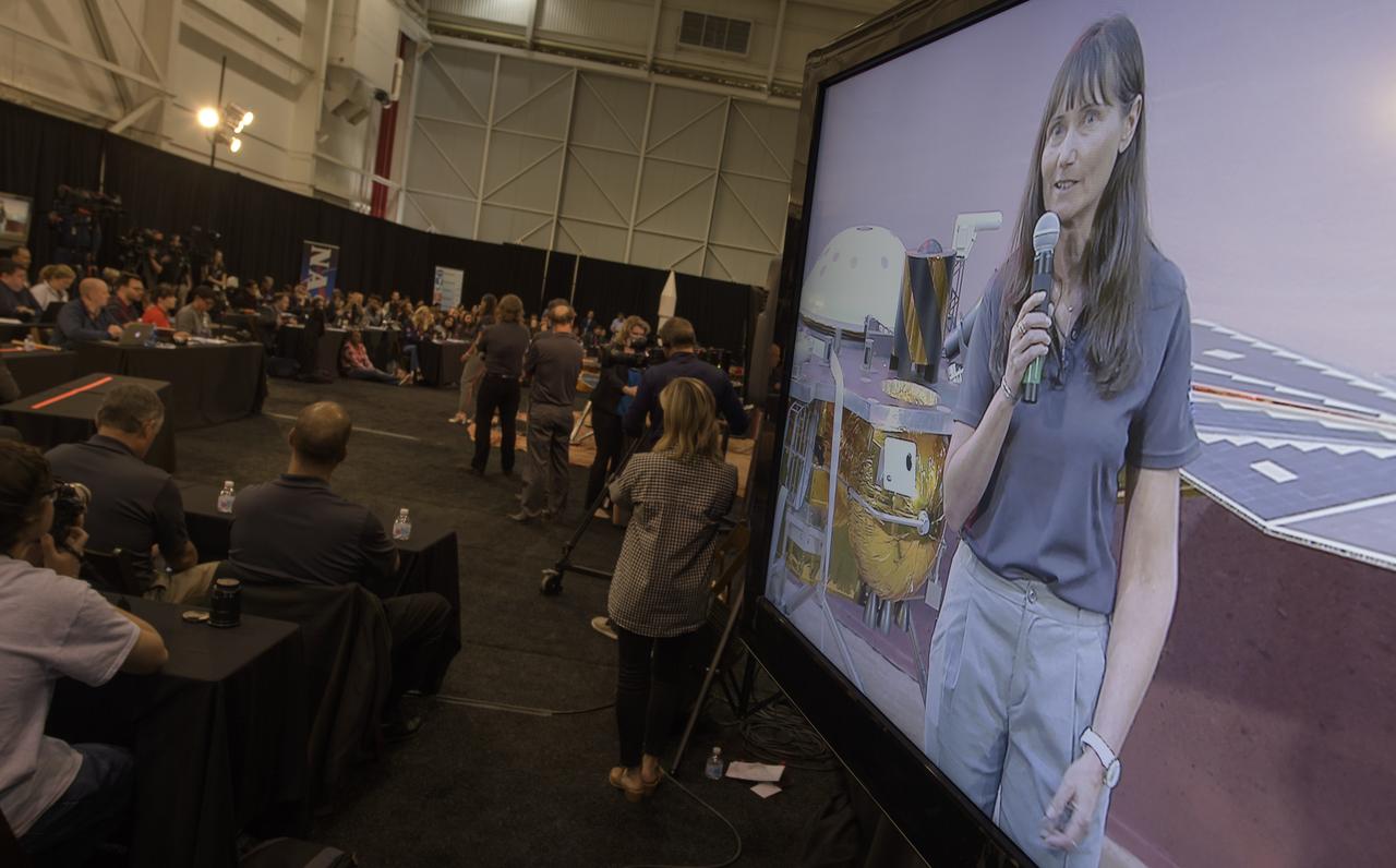 Annick Sylvestre-Baron, SEIS deputy project manager, CNES, discusses NASA's InSight mission during a prelaunch media briefing, Thursday, May 3, 2018, at Vandenberg Air Force Base in California. InSight, short for Interior Exploration using Seismic Investigations, Geodesy and Heat Transport, is a Mars lander designed to study the "inner space" of Mars: its crust, mantle, and core. Photo Credit: (NASA/Bill Ingalls)