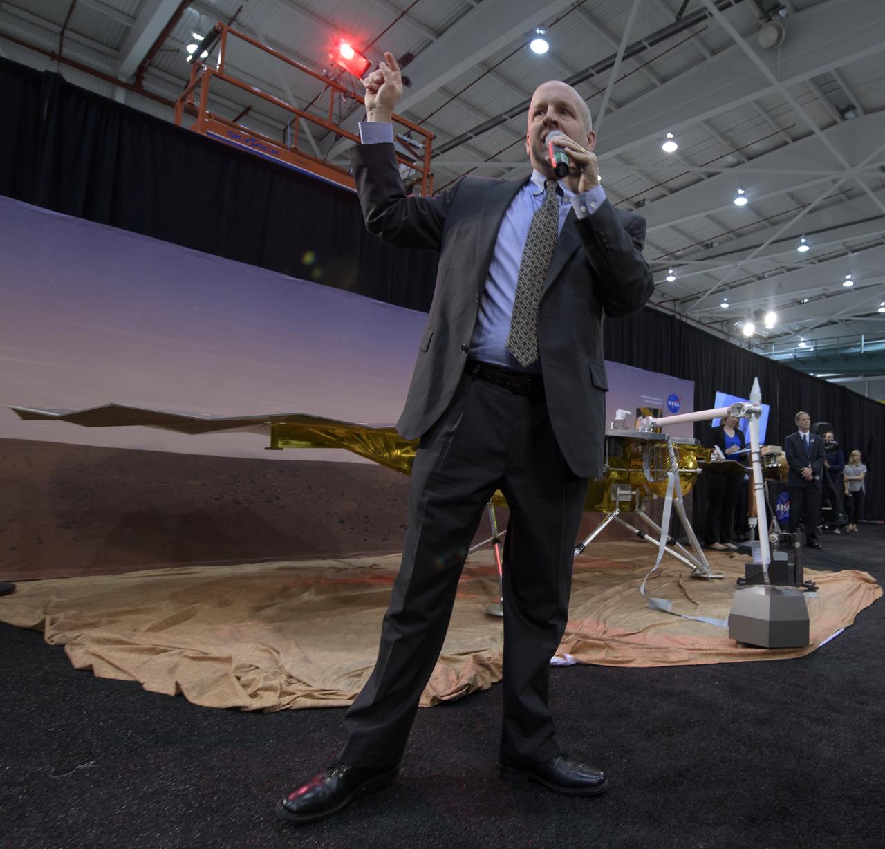 Tim Dunn, launch director, NASA’s Launch Services Program, discusses NASA's InSight mission during a prelaunch media briefing, Thursday, May 3, 2018, at Vandenberg Air Force Base in California. InSight, short for Interior Exploration using Seismic Investigations, Geodesy and Heat Transport, is a Mars lander designed to study the "inner space" of Mars: its crust, mantle, and core. Photo Credit: (NASA/Bill Ingalls)