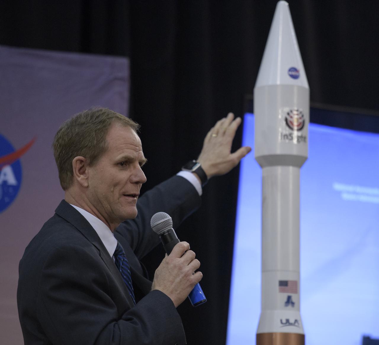 Scott Messer, United Launch Alliance program manager for NASA missions, discusses NASA's InSight mission during a prelaunch media briefing, Thursday, May 3, 2018, at Vandenberg Air Force Base in California. InSight, short for Interior Exploration using Seismic Investigations, Geodesy and Heat Transport, is a Mars lander designed to study the "inner space" of Mars: its crust, mantle, and core. Photo Credit: (NASA/Bill Ingalls)