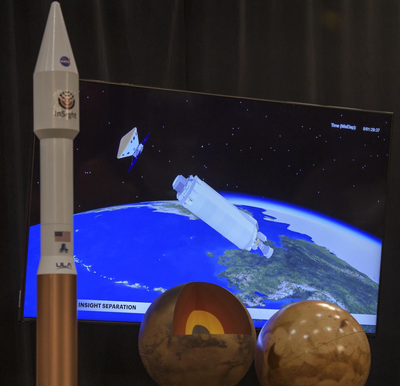 A video showing NASA's InSight spacecraft separating from the Atlas V rocket is seen during a prelaunch media briefing, Thursday, May 3, 2018, at Vandenberg Air Force Base in California. InSight, short for Interior Exploration using Seismic Investigations, Geodesy and Heat Transport, is a Mars lander designed to study the "inner space" of Mars: its crust, mantle, and core. Photo Credit: (NASA/Bill Ingalls)