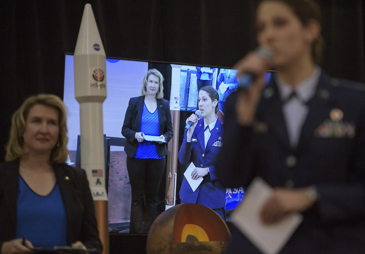 1st Lieutenant Kristina Williams, weather officer, 30th Space Wing, Vandenberg Air Force Base, right, discusses NASA's InSight mission during a prelaunch media briefing, Thursday, May 3, 2018, at Vandenberg Air Force Base in California. InSight, short for Interior Exploration using Seismic Investigations, Geodesy and Heat Transport, is a Mars lander designed to study the "inner space" of Mars: its crust, mantle, and core. Photo Credit: (NASA/Bill Ingalls)