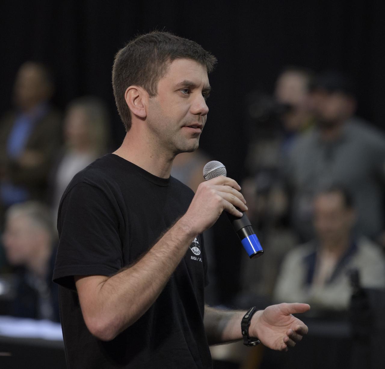 Andy Klesh, MarCO chief engineer, NASA JPL, discusses NASA's InSight mission during a prelaunch media briefing, Thursday, May 3, 2018, at Vandenberg Air Force Base in California. InSight, short for Interior Exploration using Seismic Investigations, Geodesy and Heat Transport, is a Mars lander designed to study the "inner space" of Mars: its crust, mantle, and core. Photo Credit: (NASA/Bill Ingalls)
