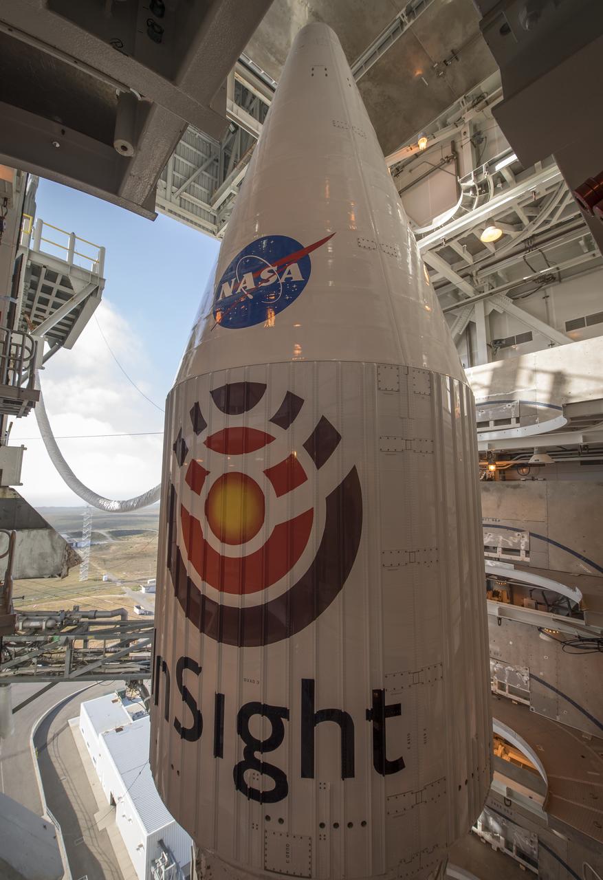 The United Launch Alliance (ULA) Atlas-V rocket is seen with NASA's InSight spacecraft onboard, Thursday, May 3, 2018, at Vandenberg Air Force Base in California. InSight, short for Interior Exploration using Seismic Investigations, Geodesy and Heat Transport, is a Mars lander designed to study the "inner space" of Mars: its crust, mantle, and core. Photo Credit: (NASA/Bill Ingalls)
