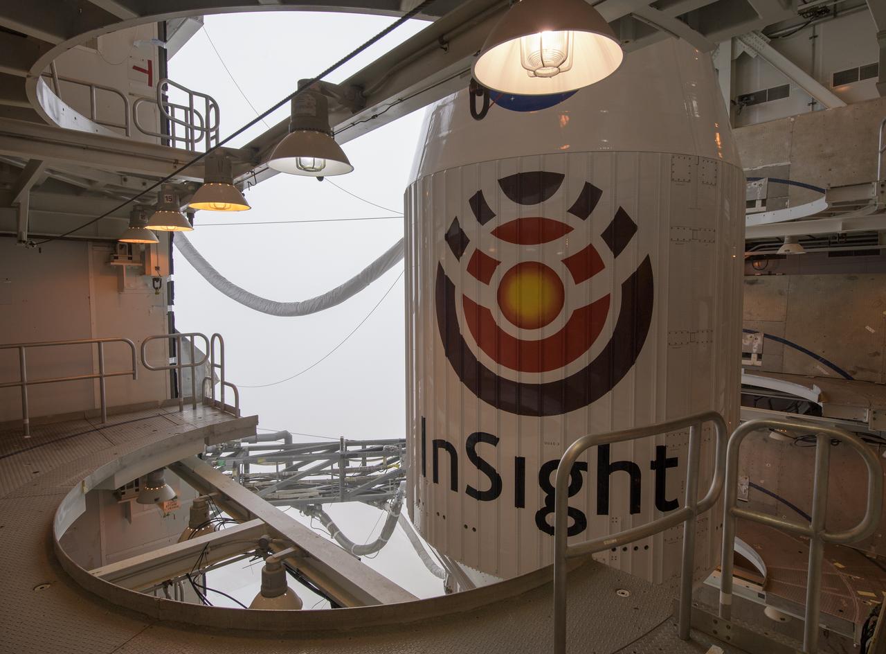 A heavy fog rolls in as the United Launch Alliance (ULA) Atlas-V rocket with NASA's InSight spacecraft onboard awaits launch, Friday, May 4, 2018, at Vandenberg Air Force Base in California. InSight, short for Interior Exploration using Seismic Investigations, Geodesy and Heat Transport, is a Mars lander designed to study the "inner space" of Mars: its crust, mantle, and core. Photo Credit: (NASA/Bill Ingalls)