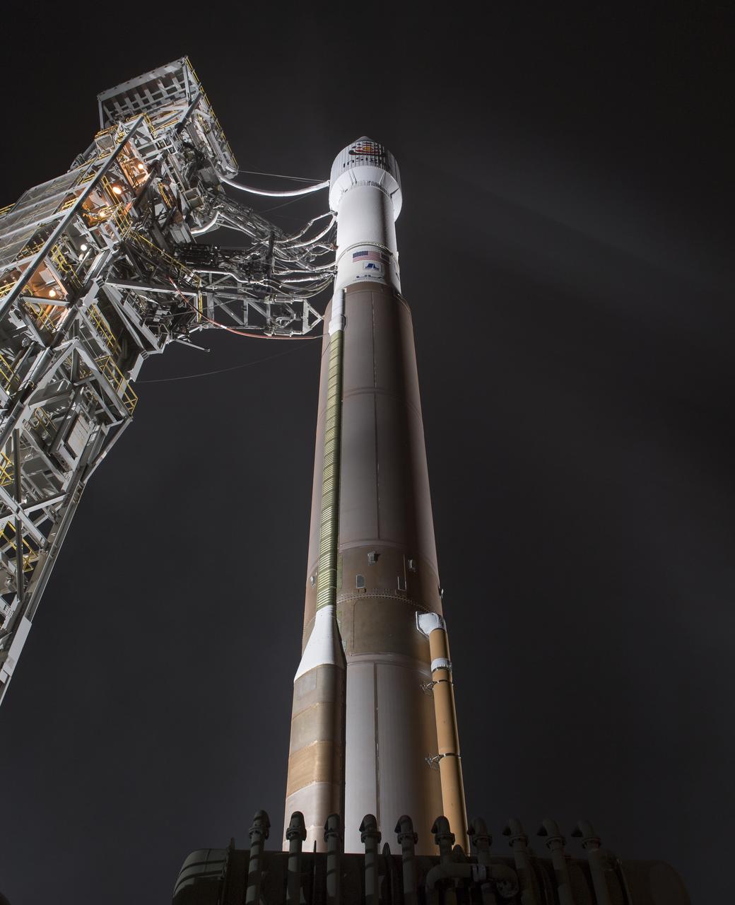 The United Launch Alliance (ULA) Atlas-V rocket with the NASA InSight spacecraft onboard is seen shortly after the mobile service tower was rolled back, Friday, May 4, 2018, at Vandenberg Air Force Base in California. InSight, short for Interior Exploration using Seismic Investigations, Geodesy and Heat Transport, is a Mars lander designed to study the "inner space" of Mars: its crust, mantle, and core. Photo Credit: (NASA/Bill Ingalls)