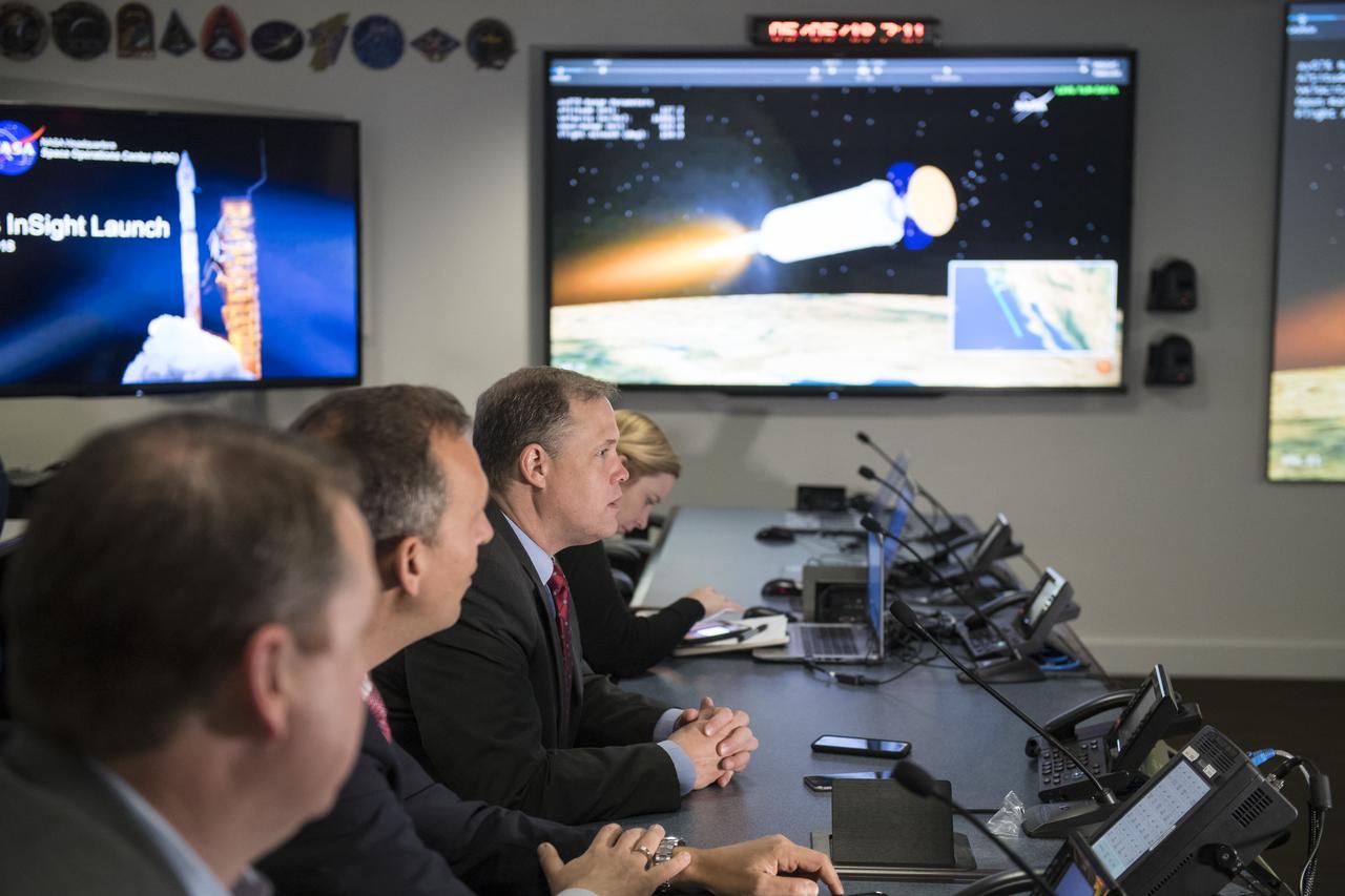 NASA Administrator Jim Bridenstine speaks following the launch of NASA's InSight spacecraft on a United Launch Alliance (ULA) Atlas-V rocket Saturday, May 5, 2018 at NASA Headquarters in Washington. InSight, short for Interior Exploration using Seismic Investigations, Geodesy and Heat Transport, is a Mars lander designed to study the "inner space" of Mars: its crust, mantle, and core. Photo Credit: (NASA/Aubrey Gemignani)