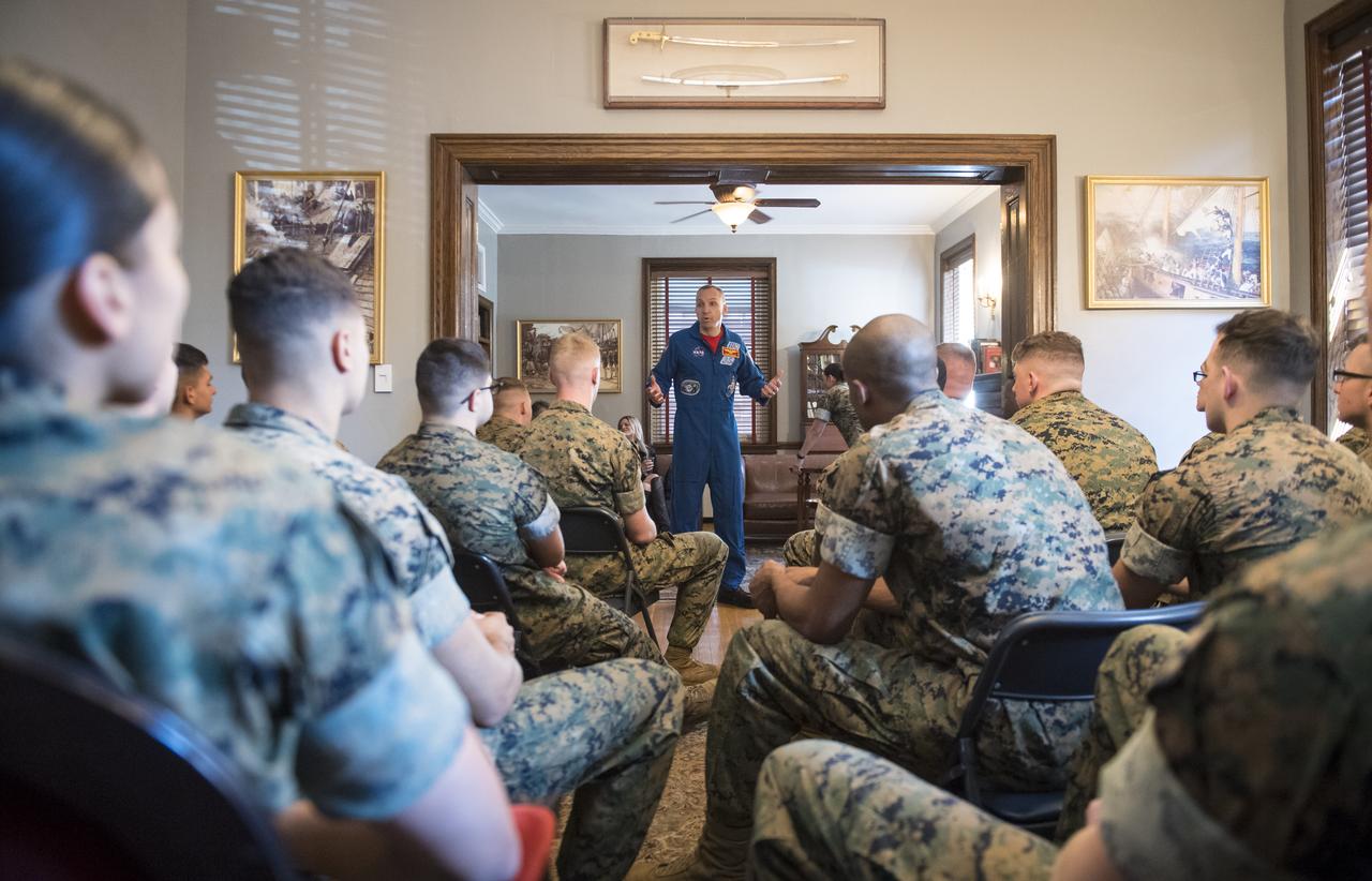 NASA astronaut Randy Bresnik speaks to Marines about his time onboard the International Space Station after a tour of the Home of the Commandants of the Marine Corps, Monday, May 7, 2018 in Washington. Photo Credit: (NASA/Aubrey Gemignani)