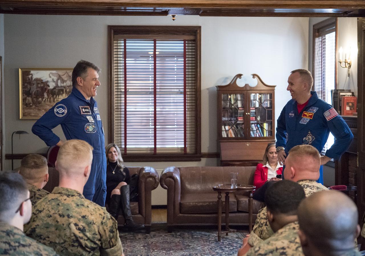 NASA astronaut Randy Bresnik, right, and ESA astronaut Paolo Nespoli, left, speak to Marines about their time onboard the International Space Station after touring the Home of the Commandants of the Marine Corps, Monday, May 7, 2018 in Washington. Photo Credit: (NASA/Aubrey Gemignani)