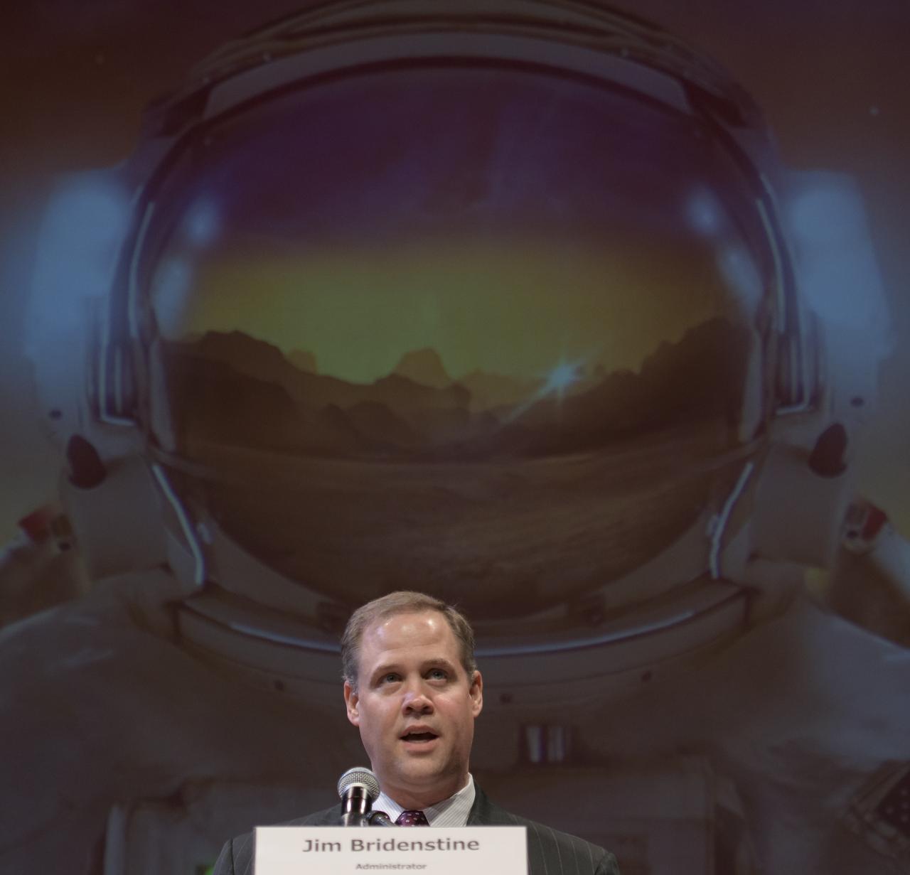 NASA Administrator Jim Bridenstine delivers the keynote speech at the Humans to Mars Summit (H2M), Wednesday, May 9, 2018 at George Washington University in Washington. Bridenstine joined more than 20 NASA scientists and technologists at the three-day event sponsored by Explore Mars Inc. It brought industry, government and the scientific, entertainment and academic communities together to discuss technology developments, foster partnerships, and encourage students to pursue STEAM careers. Photo Credit: (NASA/Bill Ingalls)