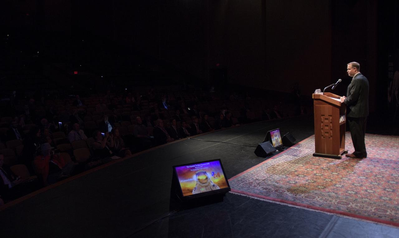 NASA Administrator Jim Bridenstine delivers the keynote speech at the Humans to Mars Summit (H2M), Wednesday, May 9, 2018 at George Washington University in Washington. Bridenstine joined more than 20 NASA scientists and technologists at the three-day event sponsored by Explore Mars Inc. It brought industry, government and the scientific, entertainment and academic communities together to discuss technology developments, foster partnerships, and encourage students to pursue STEAM careers. Photo Credit: (NASA/Bill Ingalls)