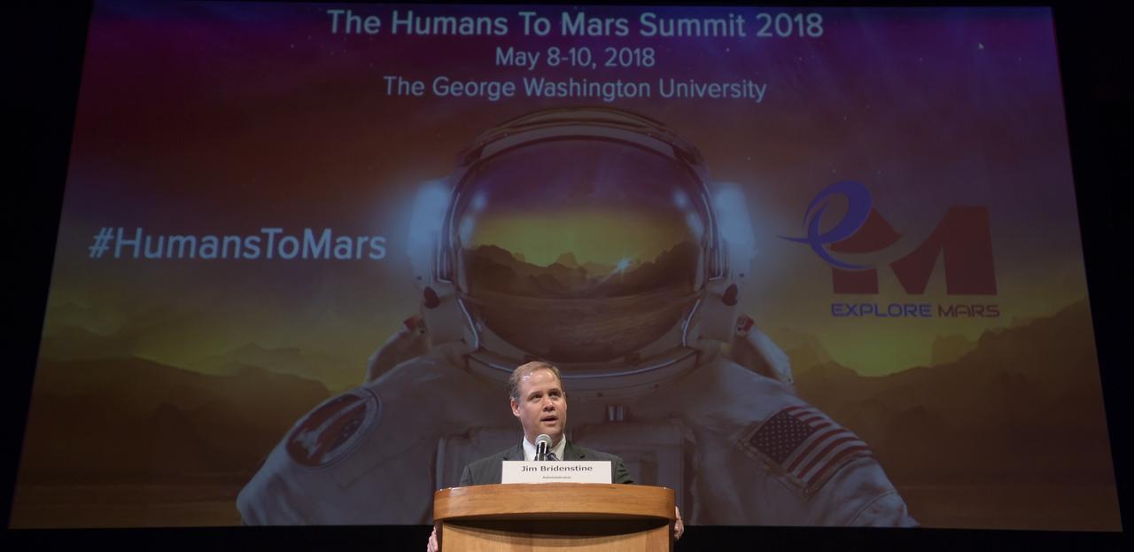 NASA Administrator Jim Bridenstine delivers the keynote speech at the Humans to Mars Summit (H2M), Wednesday, May 9, 2018 at George Washington University in Washington. Bridenstine joined more than 20 NASA scientists and technologists at the three-day event sponsored by Explore Mars Inc. It brought industry, government and the scientific, entertainment and academic communities together to discuss technology developments, foster partnerships, and encourage students to pursue STEAM careers. Photo Credit: (NASA/Bill Ingalls)