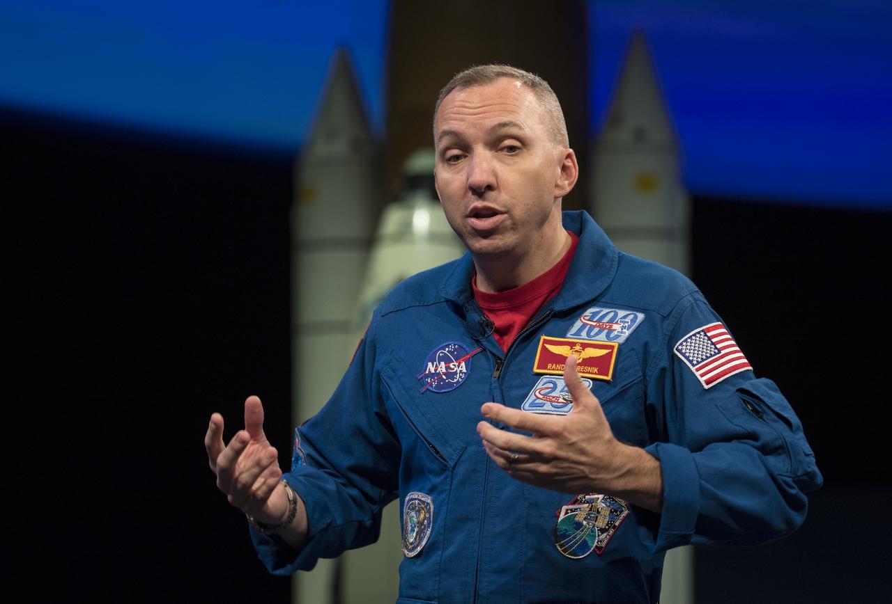 NASA astronaut Randy Bresnik speaks about his time onboard the International Space Station during expeditions 52/53, Thursday, May 10, 2018 at the Smithsonian National Air and Space Museum in Washington. Photo Credit: (NASA/Aubrey Gemignani)