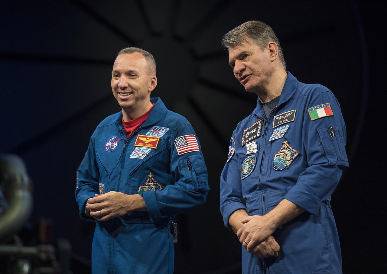 NASA astronaut Randy Bresnik, left, and ESA astronaut Paolo Nespoli, right, speak about their time onboard the International Space Station during expeditions 52/53, Thursday, May 10, 2018 at the Smithsonian National Air and Space Museum in Washington. Photo Credit: (NASA/Aubrey Gemignani)