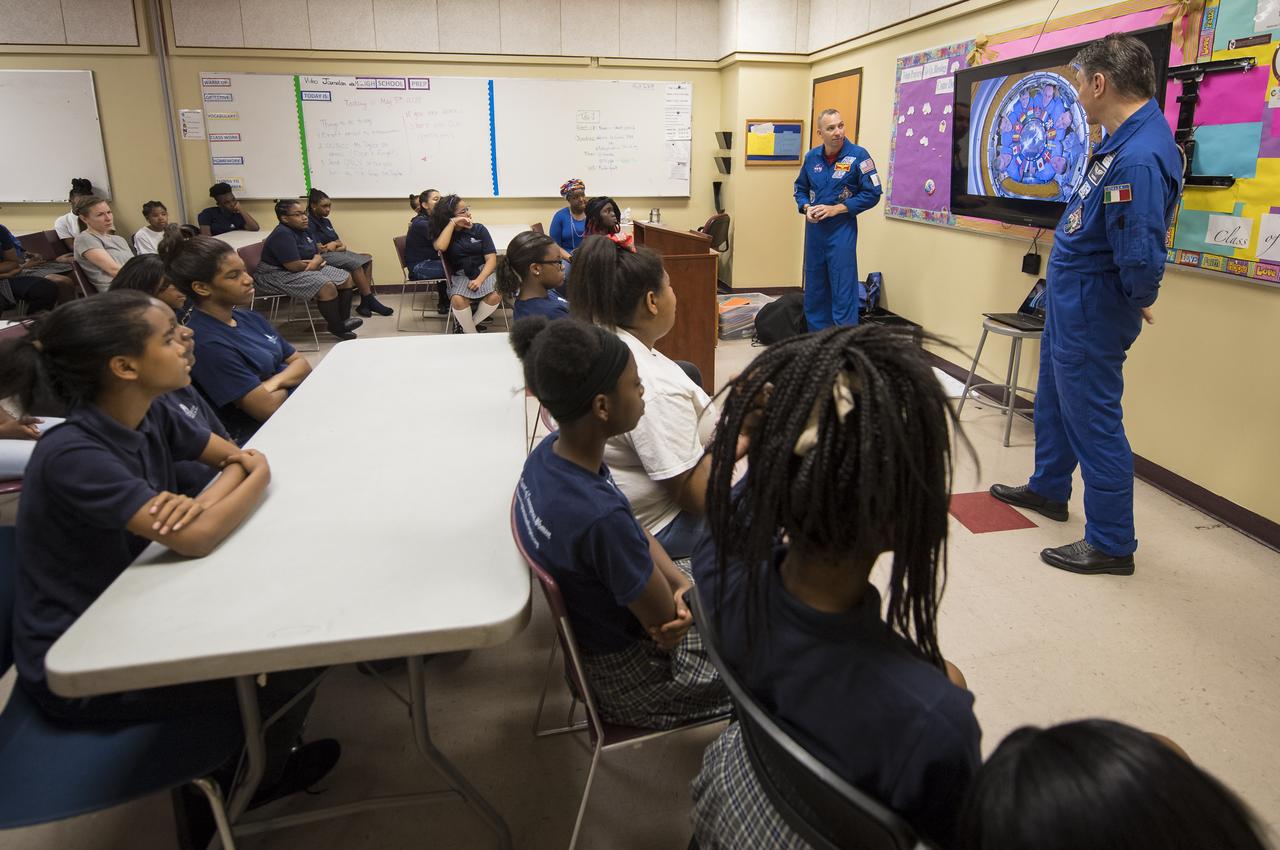 NASA astronaut Randy Bresnik and ESA astronaut Paolo Nespoli speak about their time onboard the International Space Station, Friday, May 11, 2018 at the Washington School for Girls in Washington. Photo Credit: (NASA/Aubrey Gemignani)