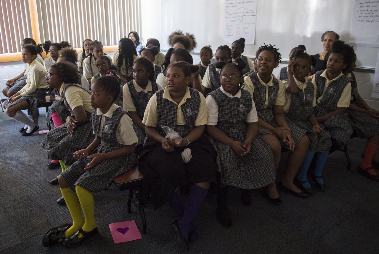 Students listen as NASA astronaut Randy Bresnik and ESA astronaut Paolo Nespoli speak about their time onboard the International Space Station during expeditions 52/53, Friday, May 11, 2018 at the Washington School for Girls in Washington. Photo Credit: (NASA/Aubrey Gemignani)