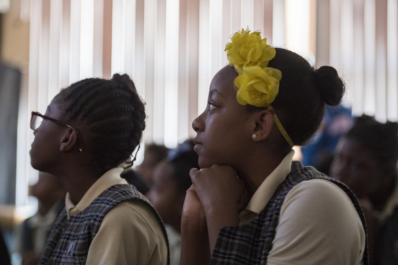 Students listen as NASA astronaut Randy Bresnik and ESA astronaut Paolo Nespoli speak about their time onboard the International Space Station during expeditions 52/53, Friday, May 11, 2018 at the Washington School for Girls in Washington. Photo Credit: (NASA/Aubrey Gemignani)