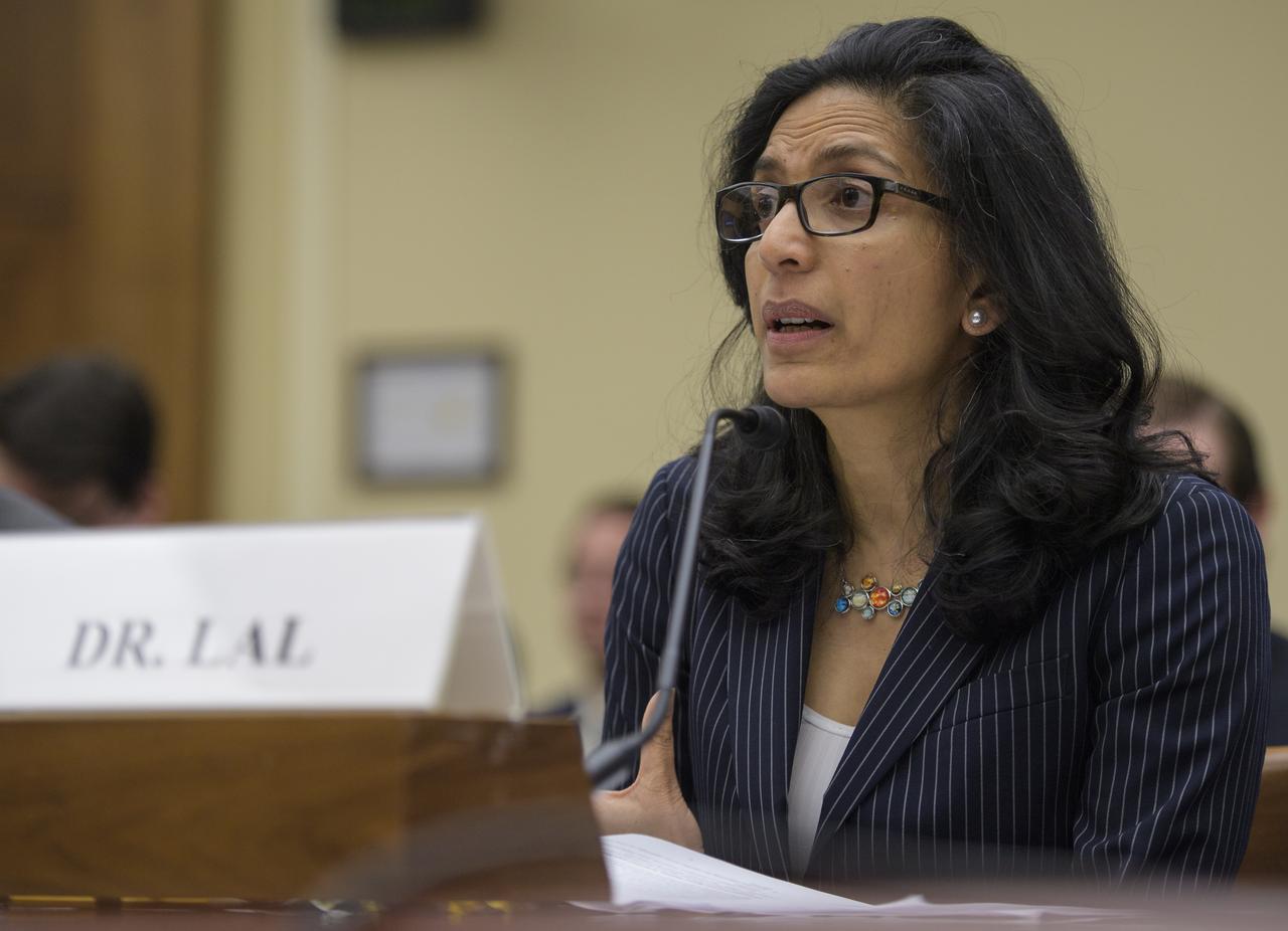 Dr. Bhavya Lal, a researcher at the Institute for Defense Analysis's Science and Technology Policy Institute, testifies during a House Committee on Science, Space, and Technology hearing titled "America's Human Presence in Low-Earth Orbit" on Thursday, May 17, 2018 in the Rayburn House Office Building in Washington. Photo Credit: (NASA/Joel Kowsky)