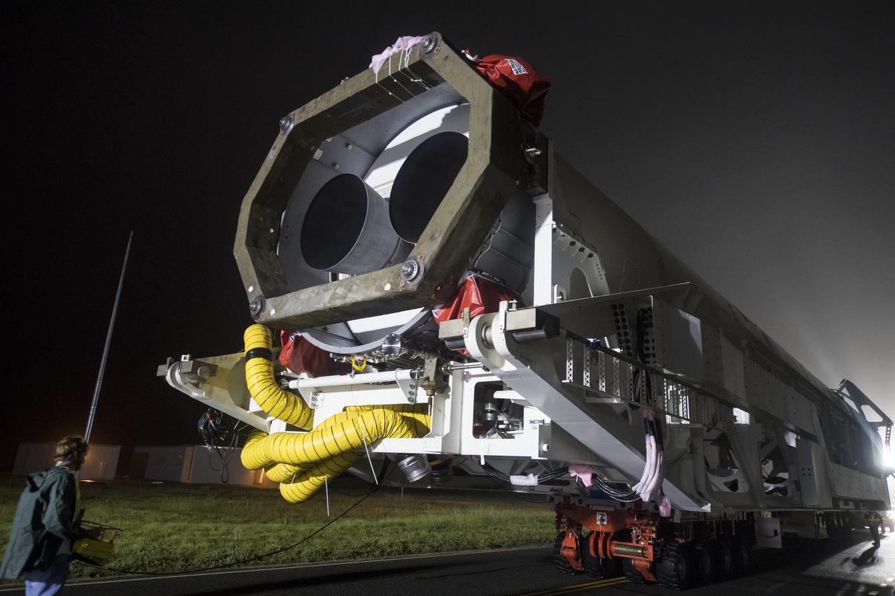 An Orbital ATK rocket is seen as it is rolled out to launch Pad-0A at Wallops Flight Facility Thursday, May 17, 2018 at Wallops Island, VA. The Antares will launch a Cygnus spacecraft on a cargo resupply mission to the International Space Station. The mission is Orbital ATK’s ninth contracted cargo delivery flight to the space station for NASA. Included in the 7,400 pounds of cargo onboard Cygnus, are science experiments, crew supplies, and vehicle hardware. Photo Credit: (NASA/Aubrey Gemignani)