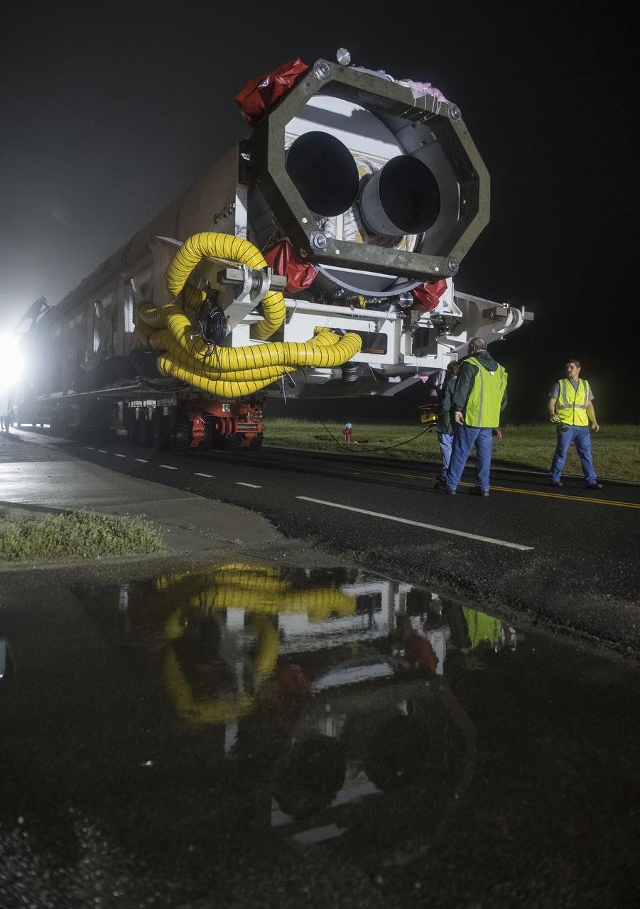 An Orbital ATK rocket is seen as it is rolled out to launch Pad-0A at Wallops Flight Facility Thursday, May 17, 2018 at Wallops Island, VA. The Antares will launch a Cygnus spacecraft on a cargo resupply mission to the International Space Station. The mission is Orbital ATK’s ninth contracted cargo delivery flight to the space station for NASA. Included in the 7,400 pounds of cargo onboard Cygnus, are science experiments, crew supplies, and vehicle hardware. Photo Credit: (NASA/Aubrey Gemignani)