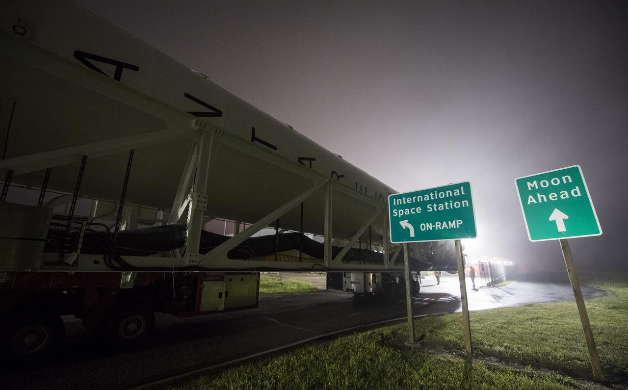 An Orbital ATK rocket is seen as it is rolled out to launch Pad-0A at Wallops Flight Facility Thursday, May 17, 2018 at Wallops Island, VA. The Antares will launch a Cygnus spacecraft on a cargo resupply mission to the International Space Station. The mission is Orbital ATK’s ninth contracted cargo delivery flight to the space station for NASA. Included in the 7,400 pounds of cargo onboard Cygnus, are science experiments, crew supplies, and vehicle hardware. Photo Credit: (NASA/Aubrey Gemignani)