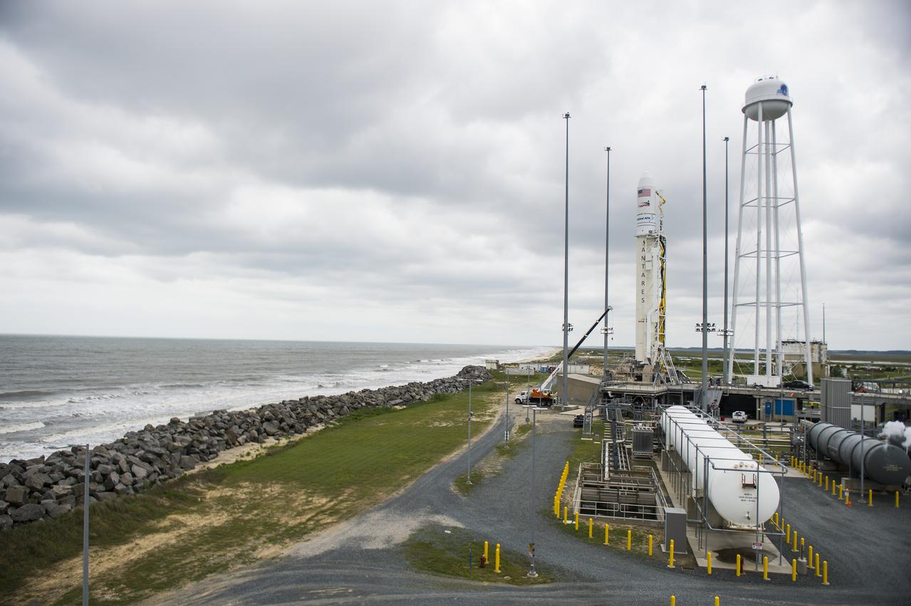 The Orbital ATK Antares rocket, with the Cygnus spacecraft onboard, is seen at launch Pad-0A, Sunday, May 20, 2018 at Wallops Flight Facility in Virginia. The Antares will launch with the Cygnus spacecraft filled with 7,400 pounds of cargo for the International Space Station (ISS), including science experiments, crew supplies, and vehicle hardware. The mission is Orbital ATK's ninth contracted cargo delivery flight to ISS for NASA. Photo Credit: (NASA/Aubrey Gemignani)