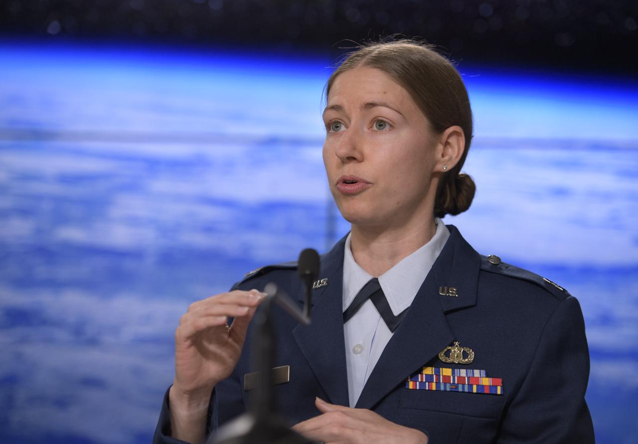 Capt. Jennifer Haden, weather officer, 30th Space Wing, Vandenberg Air Force Base, discusses the weather forecast during a Gravity Recovery and Climate Experiment Follow-On (GRACE-FO) mission prelaunch media briefing, Monday, May 21, 2018, at Vandenberg Air Force Base in California. The twin GRACE-FO spacecraft will measure changes in how mass is redistributed within and among Earth's atmosphere, oceans, land and ice sheets, as well as within Earth itself. Photo Credit: (NASA/Bill Ingalls)