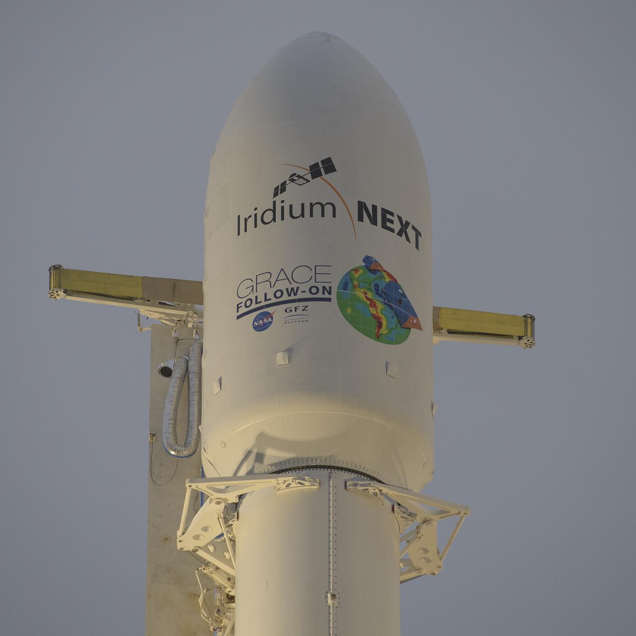 The SpaceX Falcon 9 rocket is seen with the NASA/German Research Centre for Geosciences GRACE Follow-On spacecraft  onboard, Monday, May 21, 2018, at Space Launch Complex 4E at Vandenberg Air Force Base in California. The mission will measure changes in how mass is redistributed within and among Earth's atmosphere, oceans, land and ice sheets, as well as within Earth itself. GRACE-FO is sharing its ride to orbit with five Iridium NEXT communications satellites as part of a commercial rideshare agreement. Photo Credit: (NASA/Bill Ingalls)