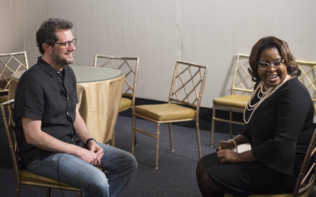 Michael Giacchino, Star Trek composer, is interviewed by NASA's Social Video Producer Brittany Brown, Friday, June 1, 2018 at the John F. Kennedy Center for the Performing Arts ahead of the "National Symphony Orchestra Pops: Space, the Next Frontier," celebrating NASA's 60th Anniversary in Washington DC. The event featured music inspired by space including artists Will.i.am, Grace Potter, Coheed & Cambria, John Cho, and guest Nick Sagan, son of Carl Sagan. Photo Credit: (NASA/Aubrey Gemignani)