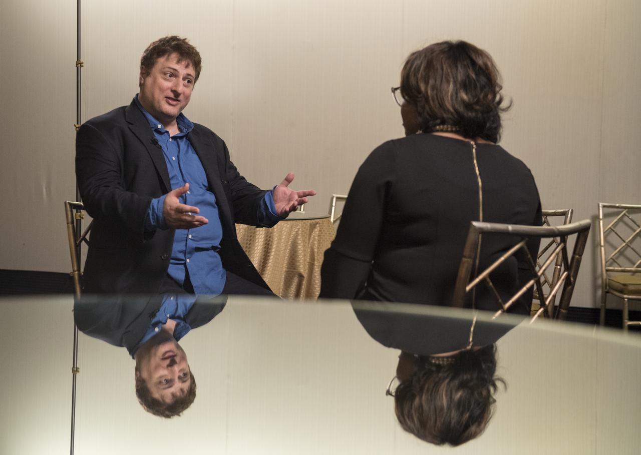 NASA's Social Video Producer, Brittany Brown interviews Nick Sagan Friday, June 1, 2018 at the John F. Kennedy Center for the Performing Arts ahead of the "National Symphony Orchestra Pops: Space, the Next Frontier," celebrating NASA's 60th Anniversary in Washington DC. The event featured music inspired by space including artists Will.i.am, Grace Potter, Coheed & Cambria, John Cho, and guest Nick Sagan, son of Carl Sagan. Photo Credit: (NASA/Aubrey Gemignani)
