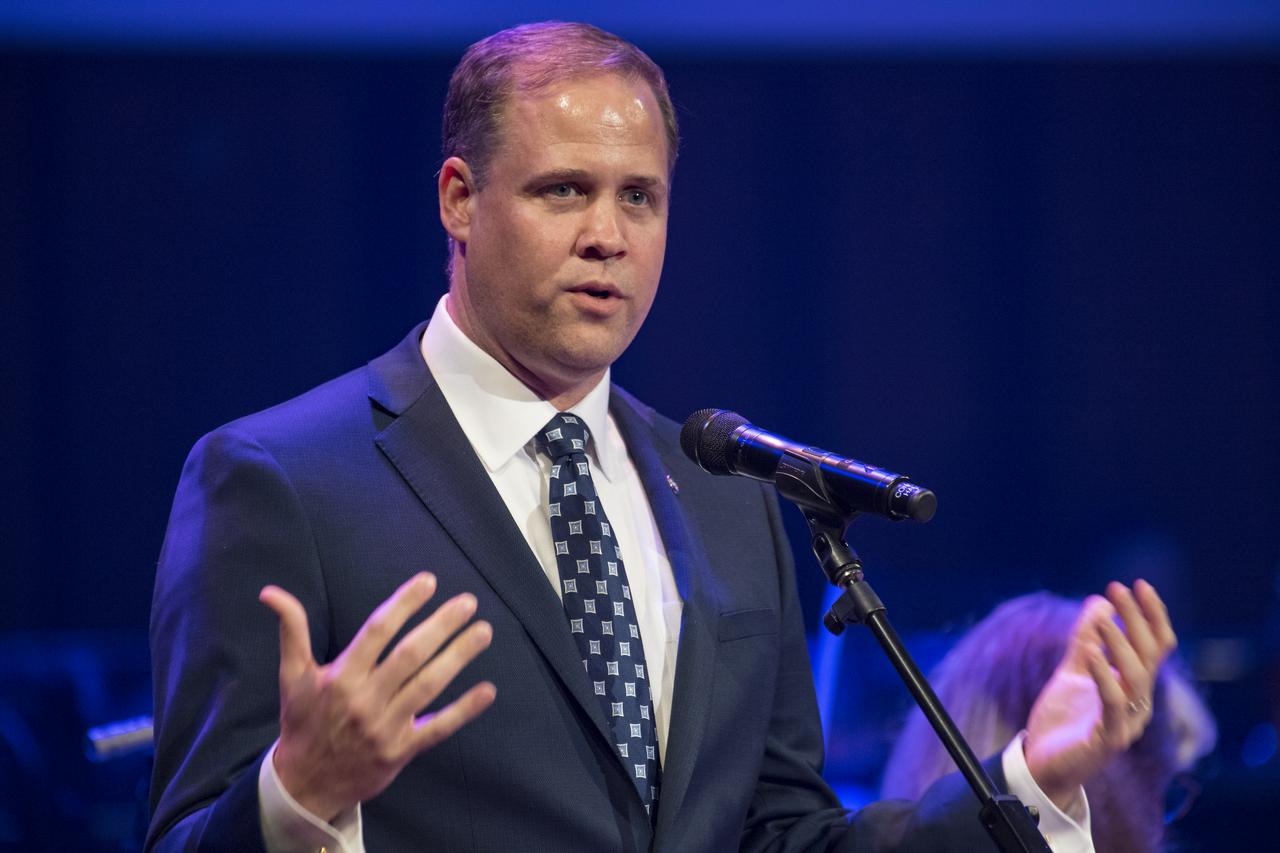 NASA Administrator Jim Bridenstine speaks during the "National Symphony Orchestra Pops: Space, the Next Frontier" event celebrating NASA's 60th Anniversary, Friday, June 1, 2018 at the John F. Kennedy Center for the Performing Arts in Washington. The event featured music inspired by space including artists will.i.am, Grace Potter, Coheed & Cambria, John Cho, and guest Nick Sagan, son of Carl Sagan. Photo Credit: (NASA/Aubrey Gemignani)