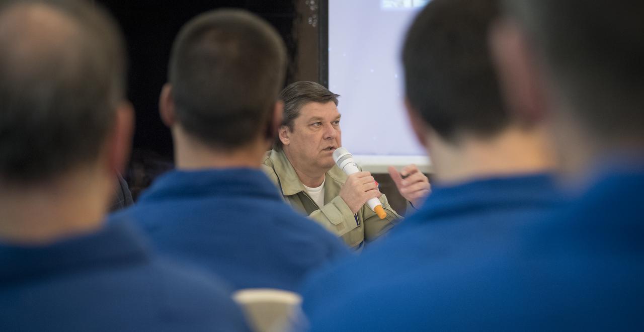 Deputy Director of Rosaviatsiya (Russian Federal Agency for Air Transport) Alexander Vedernikov is seen during a briefing to discuss the readiness for the landing of Expedition 55 crew members Anton Shkaplerov of Roscosmos, Scott Tingle of NASA, Norishige Kanai of the Japan Aerospace Exploration Agency (JAXA) Saturday, June 2, 2018. Shkaplerov, Tingle, and Kanai are returning after 168 days in space where they served as members of the Expedition 54 and 55 crews onboard the International Space Station. Photo Credit: (NASA/Bill Ingalls)