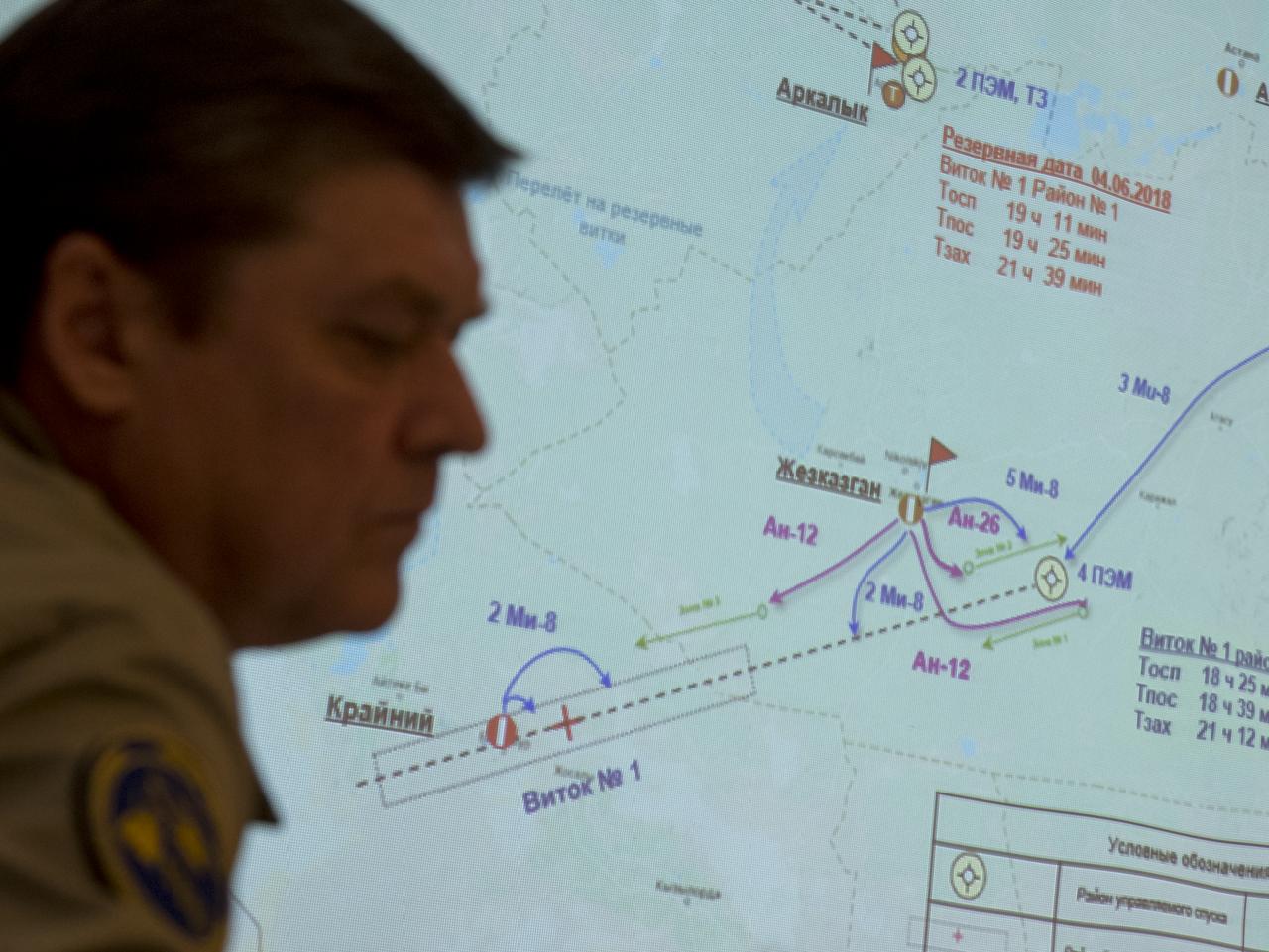A map for the landing of Expedition 55 crew members Anton Shkaplerov of Roscosmos, Scott Tingle of NASA, Norishige Kanai of the Japan Aerospace Exploration Agency (JAXA) is seen during a landing operation readiness meeting Saturday, June 2, 2018. Shkaplerov, Tingle, and Kanai are returning after 168 days in space where they served as members of the Expedition 54 and 55 crews onboard the International Space Station. Photo Credit: (NASA/Bill Ingalls)