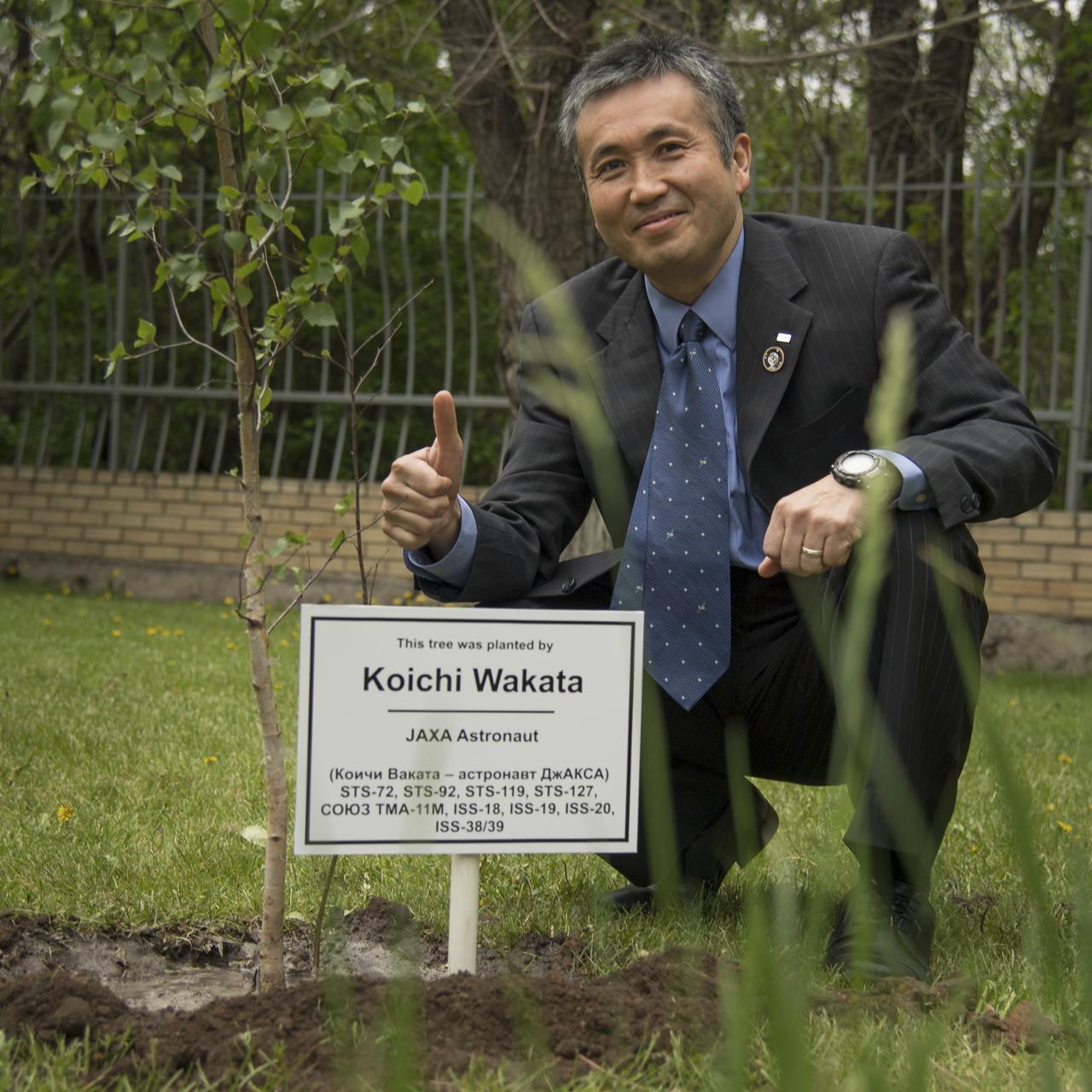 Japan Aerospace Exploration Agency astronaut Koichi Wakata is seen during a traditional tree planting ceremony at the Cosmonaut Hotel, Saturday, June 2, 2018 in Karaganda, Kazakhstan. Wakata was in Karaganda to help support the Expedition 55 crew Soyuz landing from the International Space Station. Photo Credit: (NASA/Bill Ingalls)
