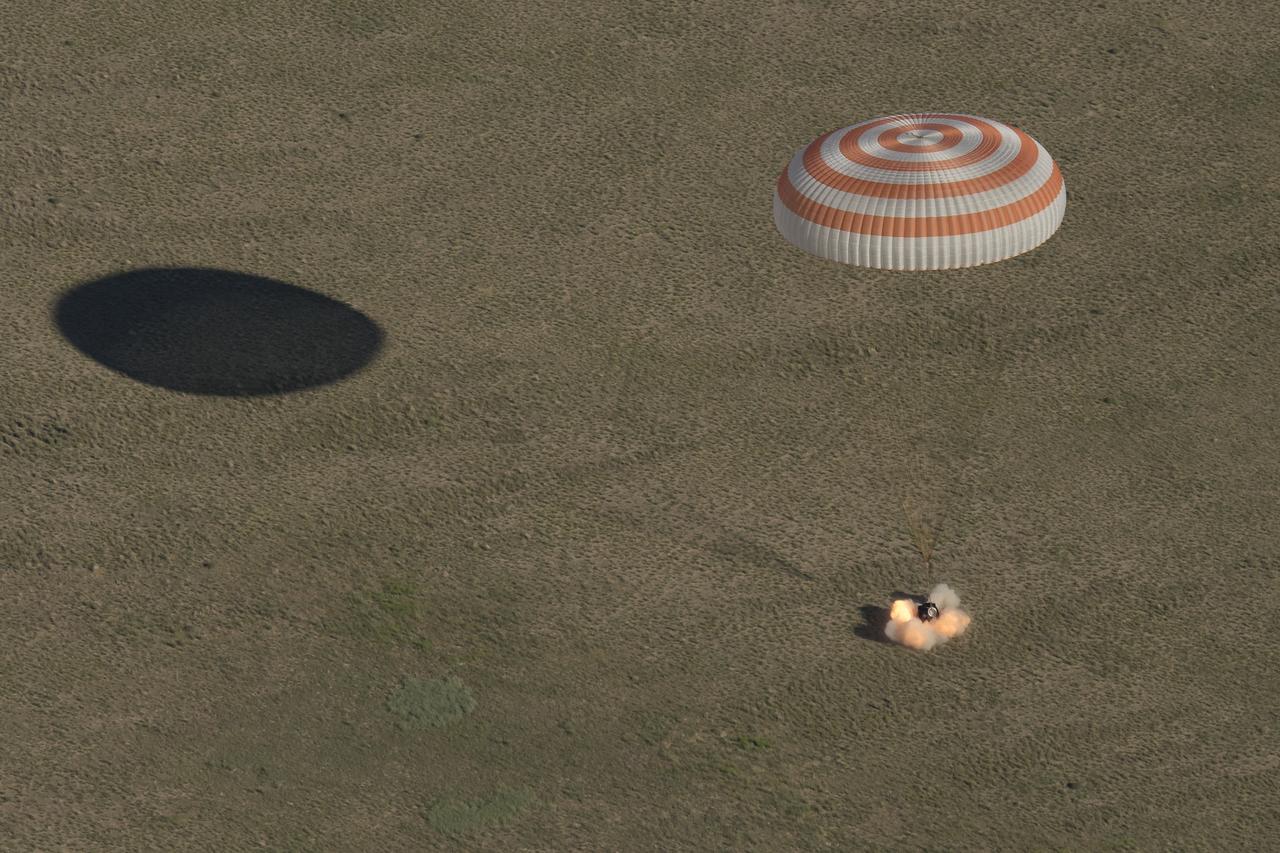 The Soyuz MS-07 spacecraft is seen as it lands with Expedition 55 crew members Anton Shkaplerov of Roscosmos, Scott Tingle of NASA, and Norishige Kanai of the Japan Aerospace Exploration Agency (JAXA) near the town of Zhezkazgan, Kazakhstan on Sunday, June 3, 2018. Shkaplerov, Tingle, and Kanai are returning after 168 days in space where they served as members of the Expedition 54 and 55 crews onboard the International Space Station. Photo Credit: (NASA/Bill Ingalls)