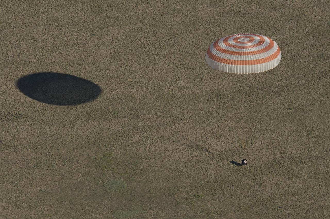 The Soyuz MS-07 spacecraft is seen as it lands with Expedition 55 crew members Anton Shkaplerov of Roscosmos, Scott Tingle of NASA, and Norishige Kanai of the Japan Aerospace Exploration Agency (JAXA) near the town of Zhezkazgan, Kazakhstan on Sunday, June 3, 2018. Shkaplerov, Tingle, and Kanai are returning after 168 days in space where they served as members of the Expedition 54 and 55 crews onboard the International Space Station. Photo Credit: (NASA/Bill Ingalls)