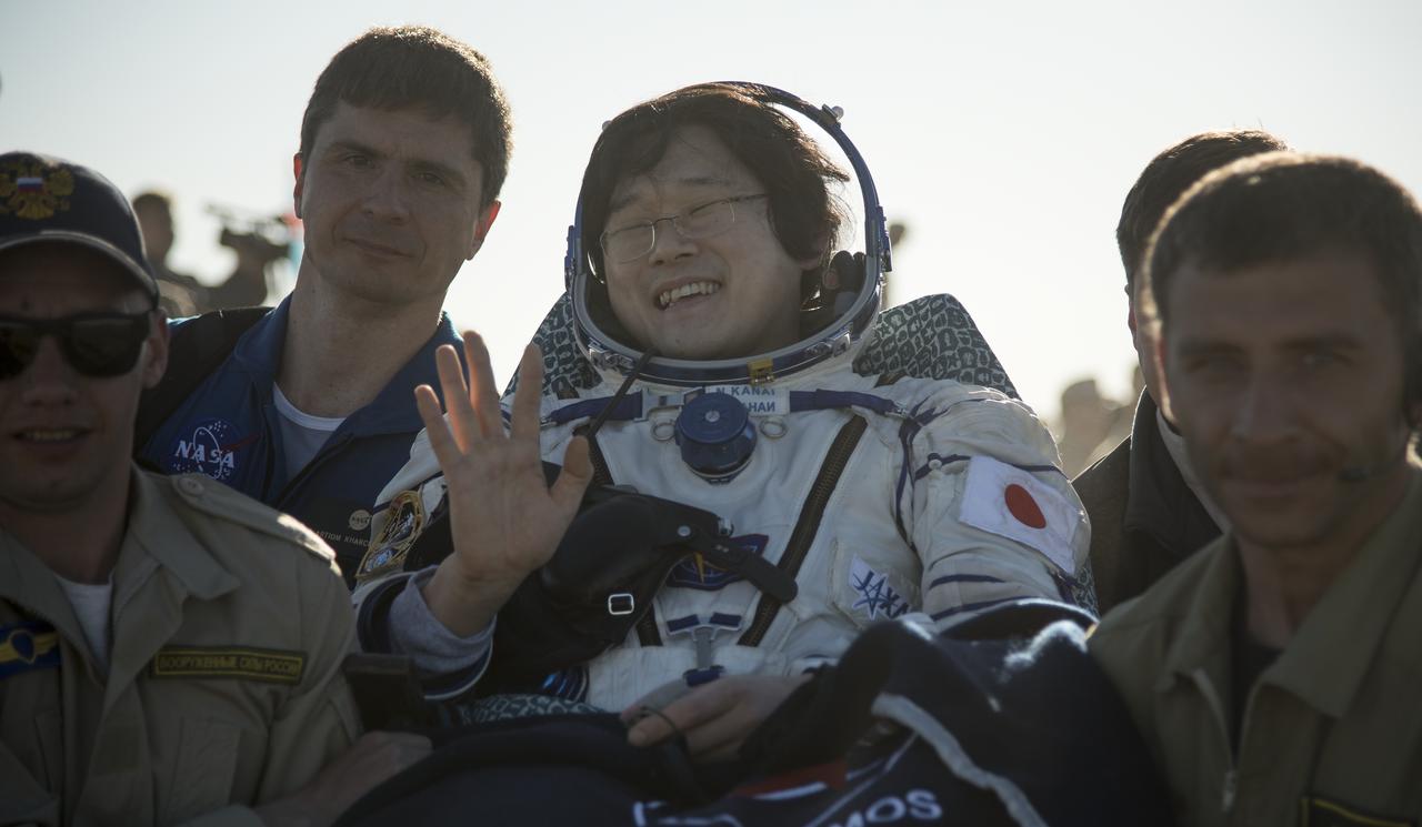 Japan Aerospace Exploration Agency (JAXA) astronaut Norishige Kanai is carried to a medical tent shortly after he and fellow Expedition 55 crew mates Roscosmos cosmonaut Anton Shkaplerov, and NASA astronaut Scott Tingle landed in their Soyuz MS-07 spacecraft near the town of Zhezkazgan, Kazakhstan on Sunday, June 3, 2018. Shkaplerov, Tingle, and Kanai are returning after 168 days in space where they served as members of the Expedition 54 and 55 crews onboard the International Space Station. Photo Credit: (NASA/Bill Ingalls)