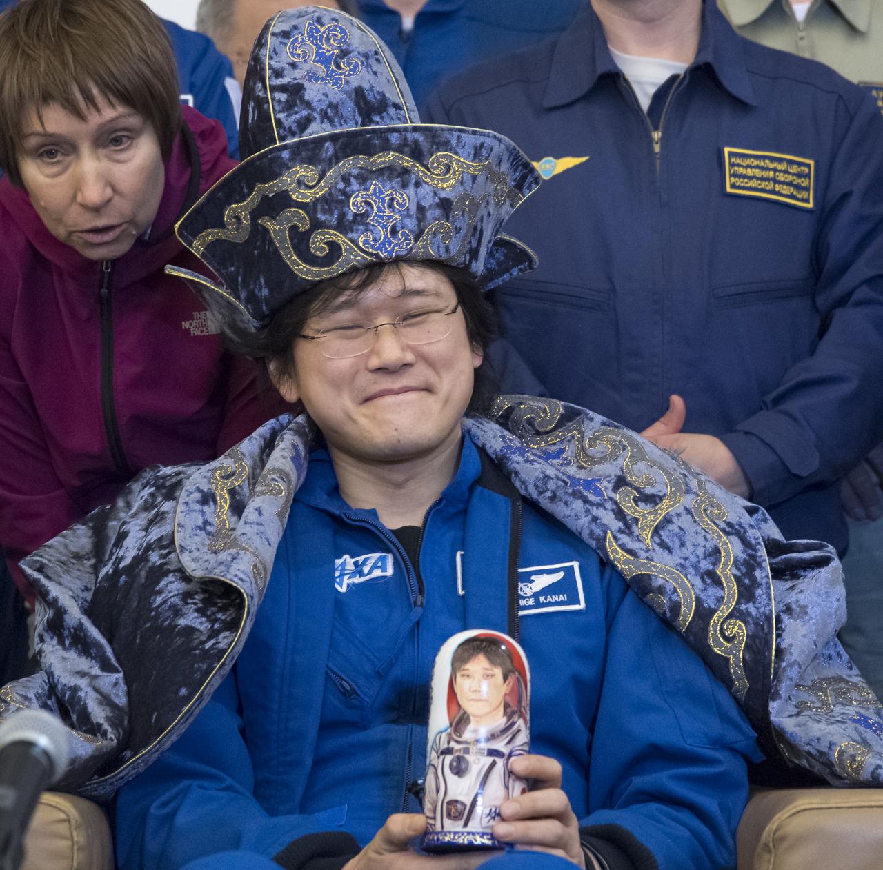 Japan Aerospace Exploration Agency (JAXA) astronaut Norishige Kanai is seen during a Karaganda Airport welcome ceremony in Kazakhstan on Sunday, June 3, 2018. Kanai, along with Roscosmos cosmonaut Anton Shkaplerov, and NASA astronaut Scott Tingle are returning after 168 days in space where they served as members of the Expedition 54 and 55 crews onboard the International Space Station. Photo Credit: (NASA/Bill Ingalls)