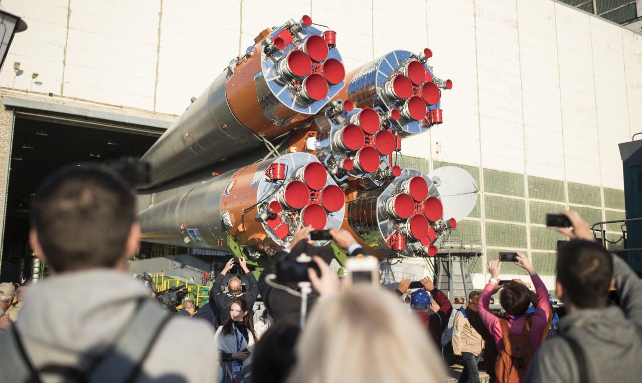 The Soyuz rocket is rolled out by train to the launch pad, Monday, June 4, 2018 at the Baikonur Cosmodrome in Kazakhstan. Expedition 56 Soyuz Commander Sergey Prokopyev of Roscosmos, flight engineer Serena Auñón-Chancellor of NASA, and flight engineer Alexander Gerst of ESA (European Space Agency) are scheduled to launch aboard their Soyuz MS-09 spacecraft at 7:12 a.m. Eastern time (5:12 p.m. Baikonur time), on Wednesday, June 6. Photo Credit: (NASA/Joel Kowsky)