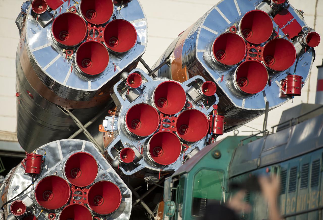 The Soyuz rocket is rolled out by train to the launch pad, Monday, June 4, 2018 at the Baikonur Cosmodrome in Kazakhstan. Expedition 56 Soyuz Commander Sergey Prokopyev of Roscosmos, flight engineer Serena Auñón-Chancellor of NASA, and flight engineer Alexander Gerst of ESA (European Space Agency) are scheduled to launch aboard their Soyuz MS-09 spacecraft at 7:12 a.m. Eastern time (5:12 p.m. Baikonur time), on Wednesday, June 6.  Photo Credit: (NASA/Joel Kowsky)