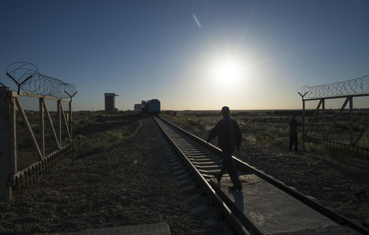 The Soyuz rocket is rolled out by train to the launch pad, Monday, June 4, 2018 at the Baikonur Cosmodrome in Kazakhstan. Expedition 56 Soyuz Commander Sergey Prokopyev of Roscosmos, flight engineer Serena Auñón-Chancellor of NASA, and flight engineer Alexander Gerst of ESA (European Space Agency) are scheduled to launch aboard their Soyuz MS-09 spacecraft at 7:12 a.m. Eastern time (5:12 p.m. Baikonur time), on Wednesday, June 6. Photo Credit: (NASA/Joel Kowsky)