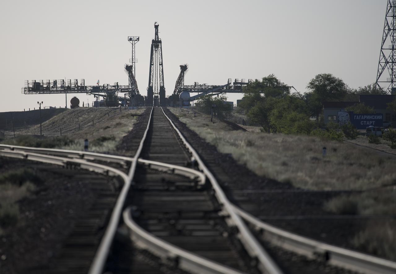 The launch pad is seen as the Soyuz rocket is rollout out to the pad by train, Monday, June 4, 2018 at the Baikonur Cosmodrome in Kazakhstan. Expedition 56 Soyuz Commander Sergey Prokopyev of Roscosmos, flight engineer Serena Auñón-Chancellor of NASA, and flight engineer Alexander Gerst of ESA (European Space Agency) are scheduled to launch aboard their Soyuz MS-09 spacecraft at 7:12 a.m. Eastern time (5:12 p.m. Baikonur time), on Wednesday, June 6.  Photo Credit: (NASA/Joel Kowsky)