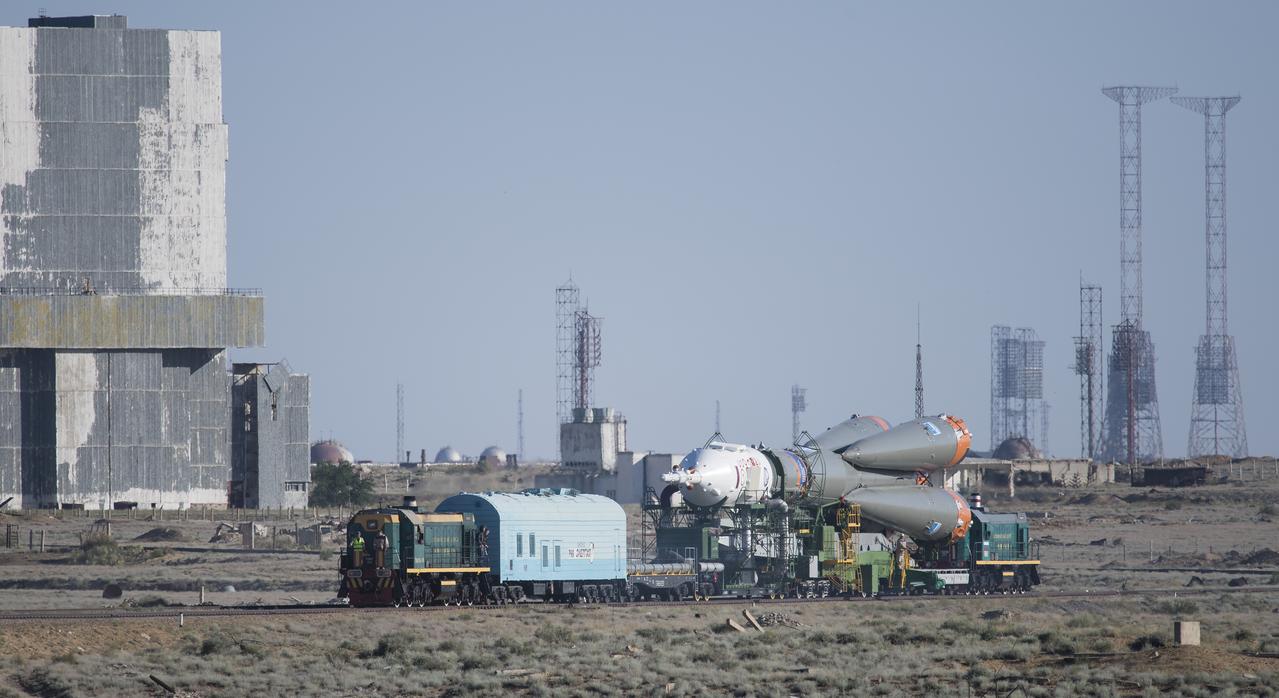 The Soyuz rocket is rolled out by train to the launch pad, Monday, June 4, 2018 at the Baikonur Cosmodrome in Kazakhstan. Expedition 56 Soyuz Commander Sergey Prokopyev of Roscosmos, flight engineer Serena Auñón-Chancellor of NASA, and flight engineer Alexander Gerst of ESA (European Space Agency) are scheduled to launch aboard their Soyuz MS-09 spacecraft at 7:12 a.m. Eastern time (5:12 p.m. Baikonur time), on Wednesday, June 6. Photo Credit: (NASA/Joel Kowsky)