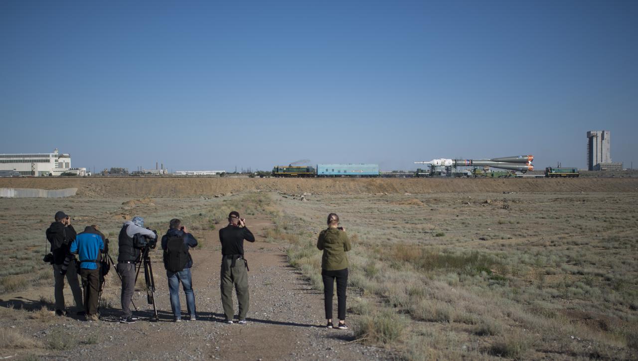 The Soyuz rocket is rolled out by train to the launch pad, Monday, June 4, 2018 at the Baikonur Cosmodrome in Kazakhstan. Expedition 56 Soyuz Commander Sergey Prokopyev of Roscosmos, flight engineer Serena Auñón-Chancellor of NASA, and flight engineer Alexander Gerst of ESA (European Space Agency) are scheduled to launch aboard their Soyuz MS-09 spacecraft at 7:12 a.m. Eastern time (5:12 p.m. Baikonur time), on Wednesday, June 6. Photo Credit: (NASA/Joel Kowsky)