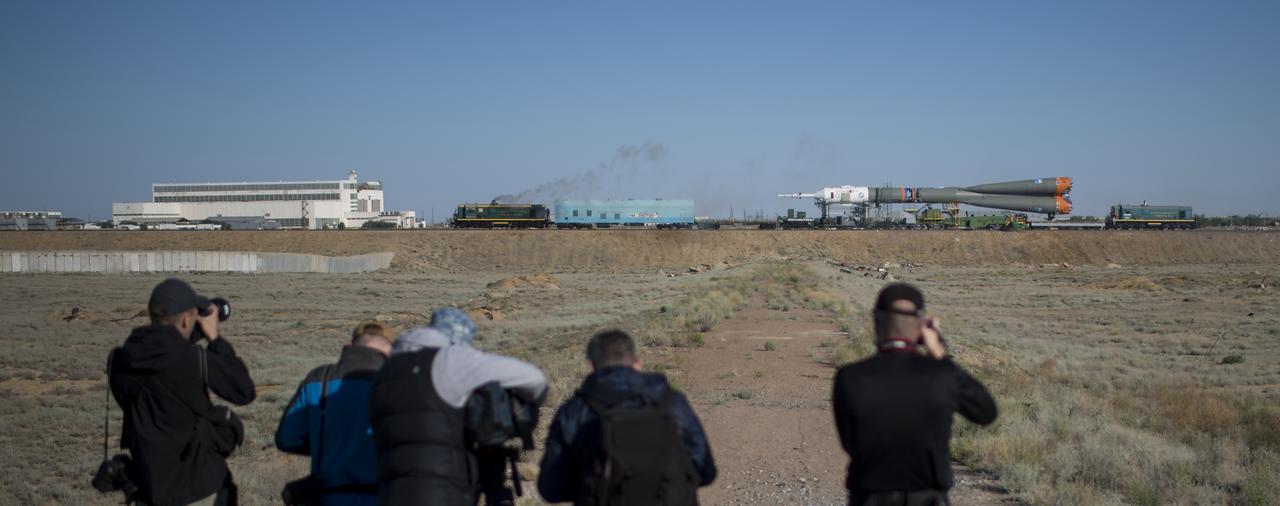 The Soyuz rocket is rolled out by train to the launch pad, Monday, June 4, 2018 at the Baikonur Cosmodrome in Kazakhstan. Expedition 56 Soyuz Commander Sergey Prokopyev of Roscosmos, flight engineer Serena Auñón-Chancellor of NASA, and flight engineer Alexander Gerst of ESA (European Space Agency) are scheduled to launch aboard their Soyuz MS-09 spacecraft at 7:12 a.m. Eastern time (5:12 p.m. Baikonur time), on Wednesday, June 6. Photo Credit: (NASA/Joel Kowsky)