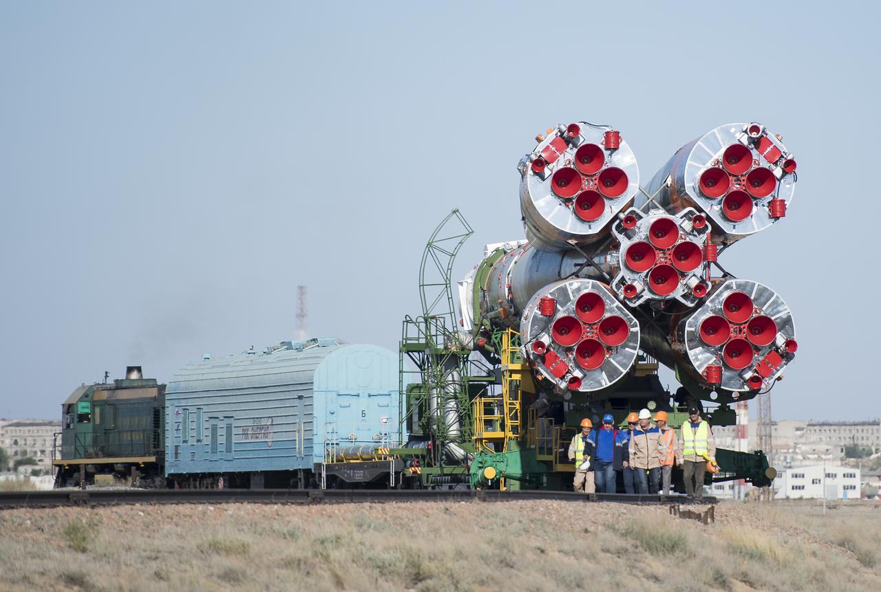 The Soyuz rocket is rolled out by train to the launch pad, Monday, June 4, 2018 at the Baikonur Cosmodrome in Kazakhstan. Expedition 56 Soyuz Commander Sergey Prokopyev of Roscosmos, flight engineer Serena Auñón-Chancellor of NASA, and flight engineer Alexander Gerst of ESA (European Space Agency) are scheduled to launch aboard their Soyuz MS-09 spacecraft at 7:12 a.m. Eastern time (5:12 p.m. Baikonur time), on Wednesday, June 6.  Photo Credit: (NASA/Joel Kowsky)